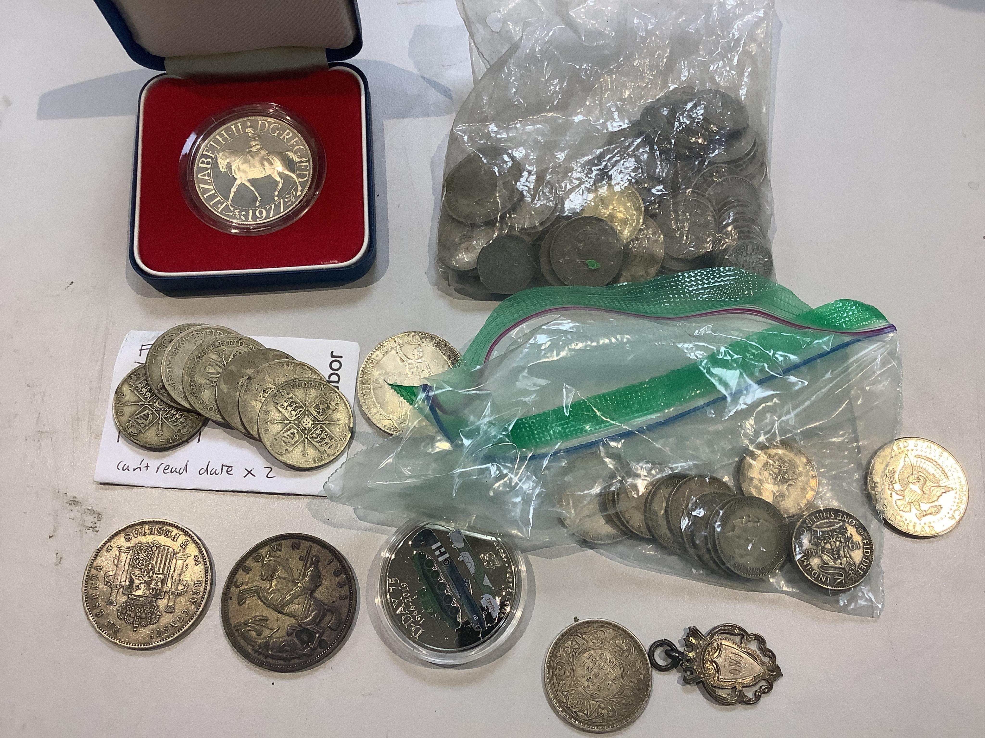 British and world silver cupronickel coins, to include two Canada 1976 Olympic coin proof sets, in case of issue with certificate, cased Elizabeth II silver jubilee 1977 crown, Spain 5 pesetas 1891, Belgium Fr.50. 1935,